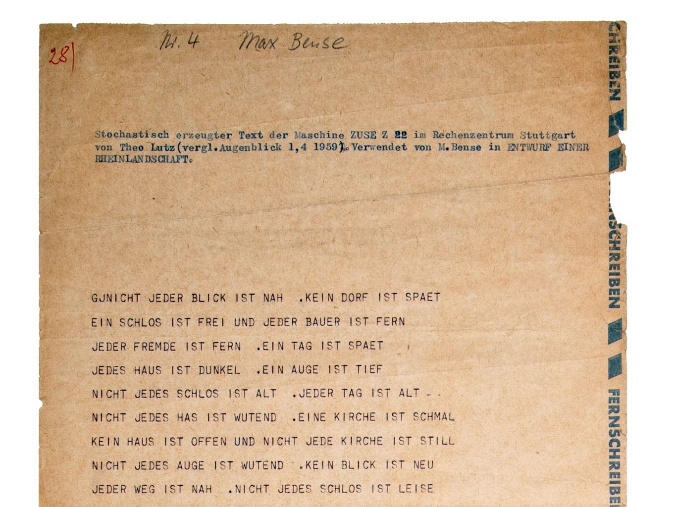 Upper section of an aged teleprinter sheet, with blue machine-typed German text, a heading naming the Zuse Z22 and Theo Lutz, and a handwritten Max Bense annotation.
