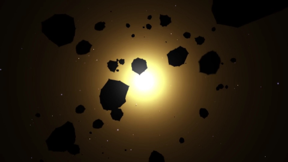 Dark faceted asteroids pass in front of a glowing yellow star in a 2010 browser demo.