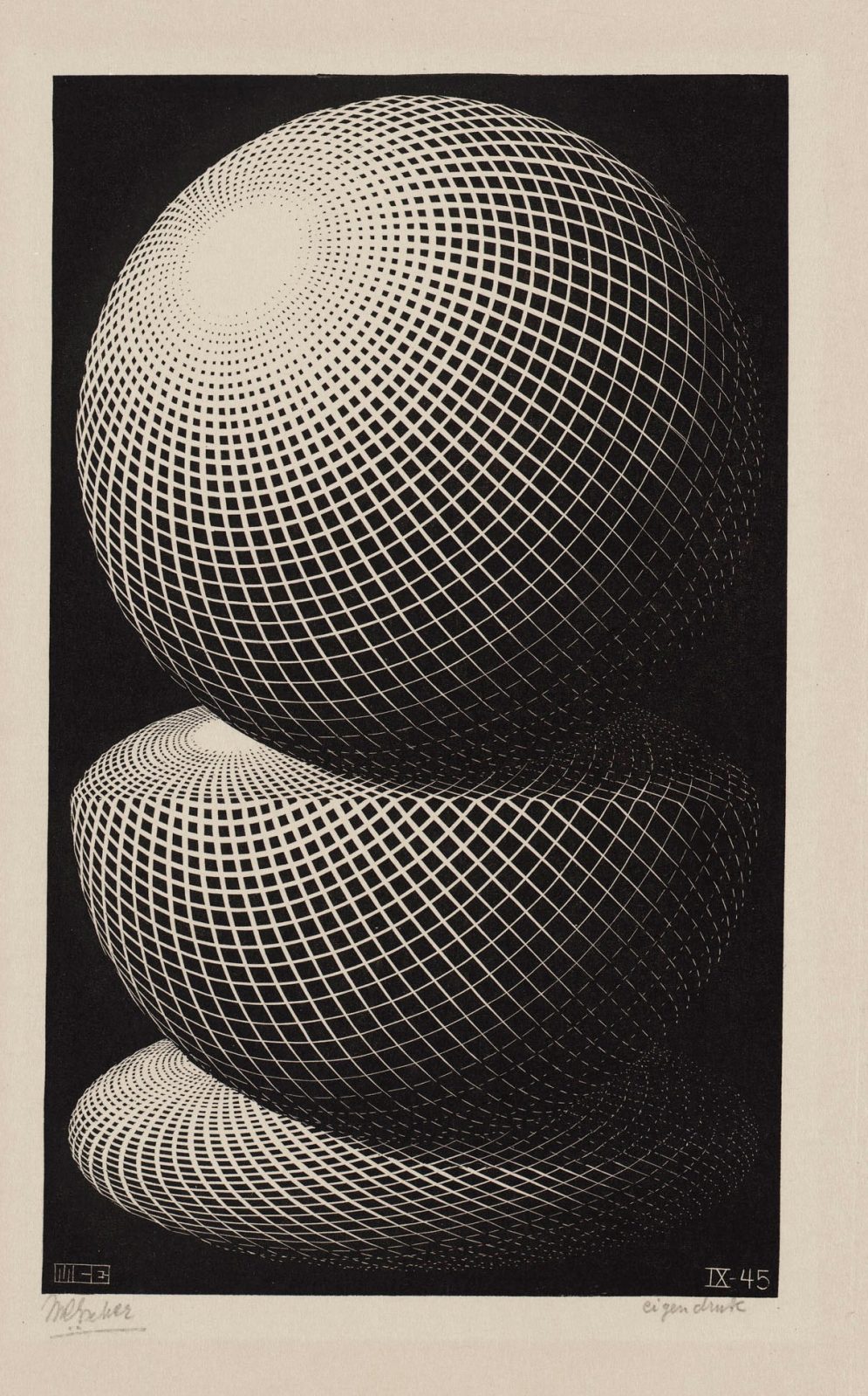 Three Spheres I: a white grid on black describes a rounded sphere above a folded circular surface and a flattened oval; Escher's signature and September 1945 date appear below.