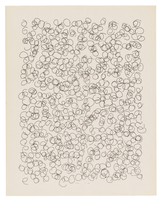 Land Coils, a 1968 plotter drawing by the painter Colette Bangert with Charles Bangert — one of the trained artists the record names as moving directly into the machine.