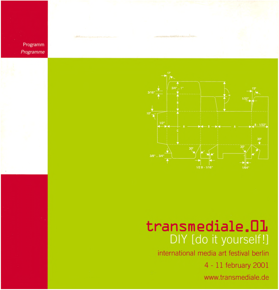 Lime-green and red transmediale.01 programme cover with a technical drawing of the DIY lettering and the February 2001 dates.