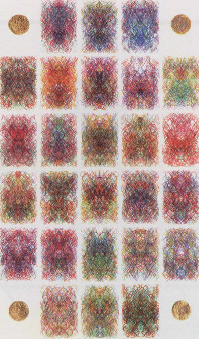 Verostko's Twenty-Six Visions of Hildegarde, twenty-six pen-plotter drawings in coloured ink laid out in a grid with four gold-leaf discs at the corners.
