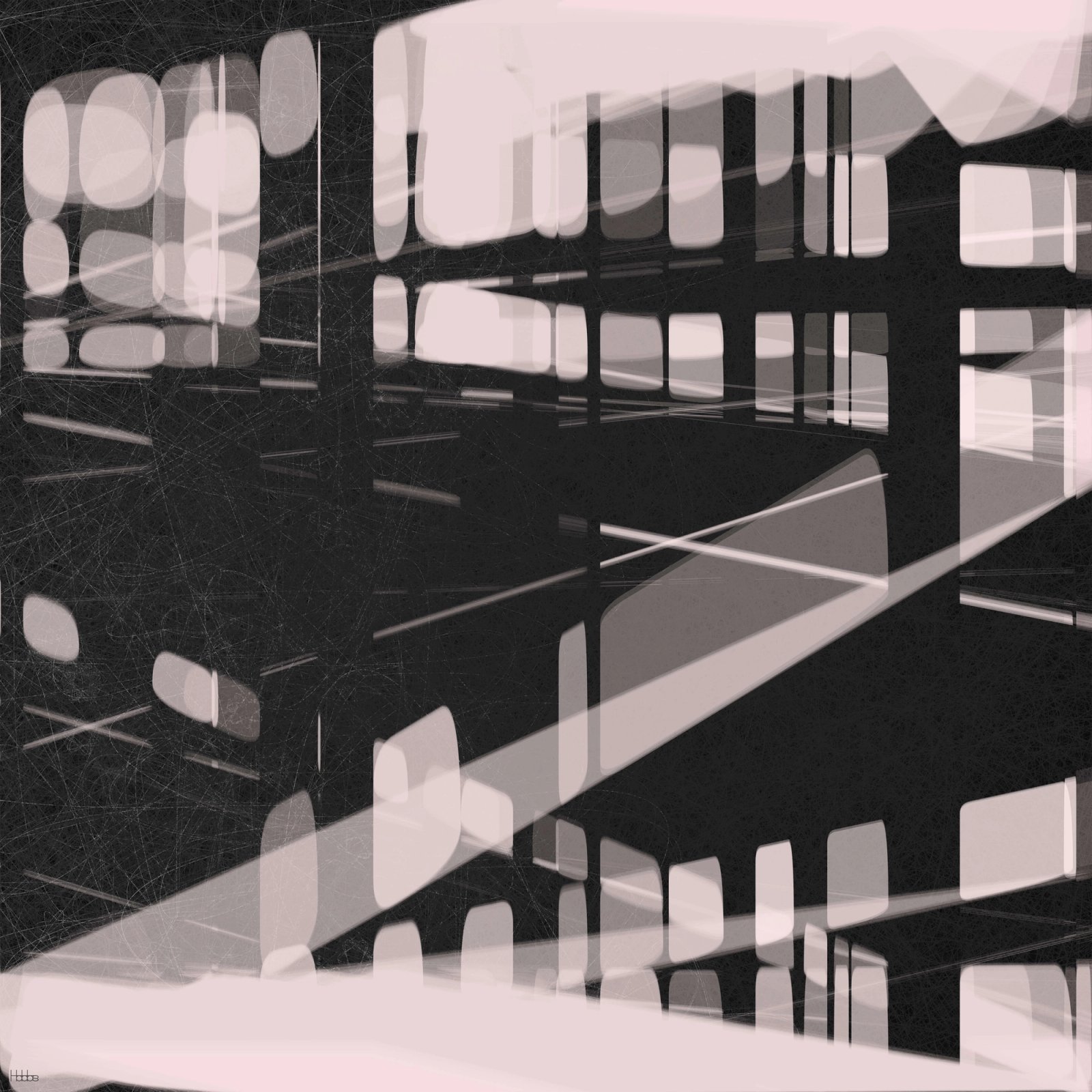 One of the six works in Tyler Hobbs's Continuity series (2014) as published on the artist's own site -- pale rectangular slabs stacked into a shifting architecture over pink and black; the same image illustrates his essay “Randomness in the Composition of Artwork.”