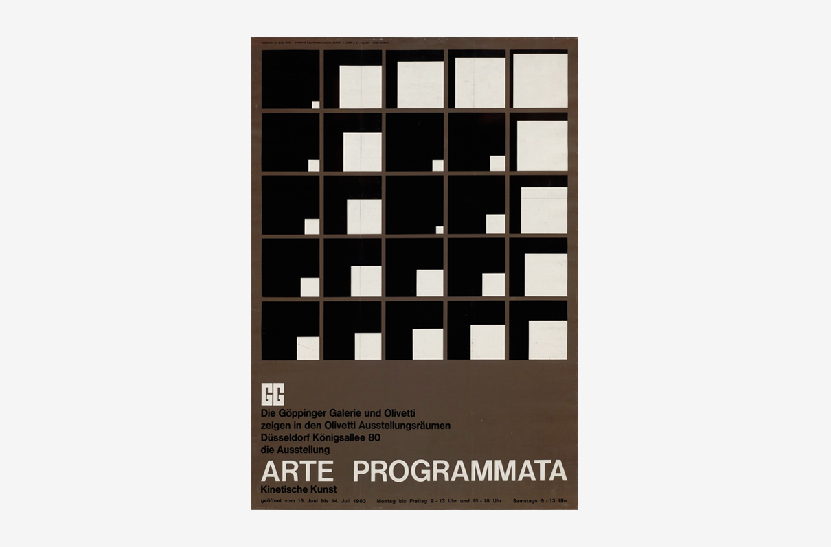 Brown exhibition poster with a grid of changing black-and-white squares and the title Arte Programmata.