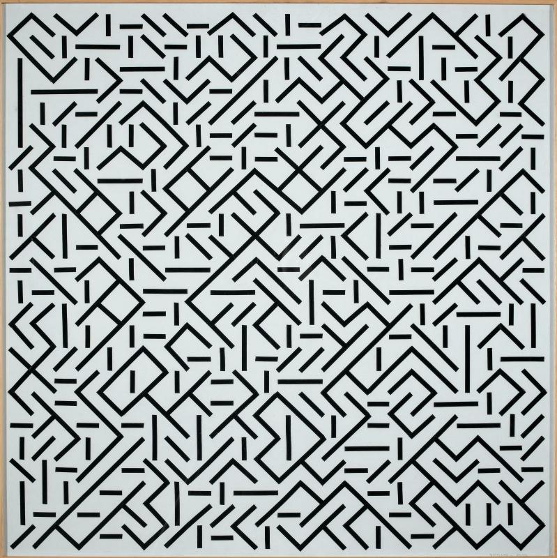 Square composition of black vertical, horizontal, and diagonal line segments distributed across a pale field.