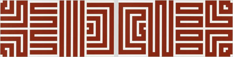 Four square panels form a continuous red-and-white maze-like polyptych.