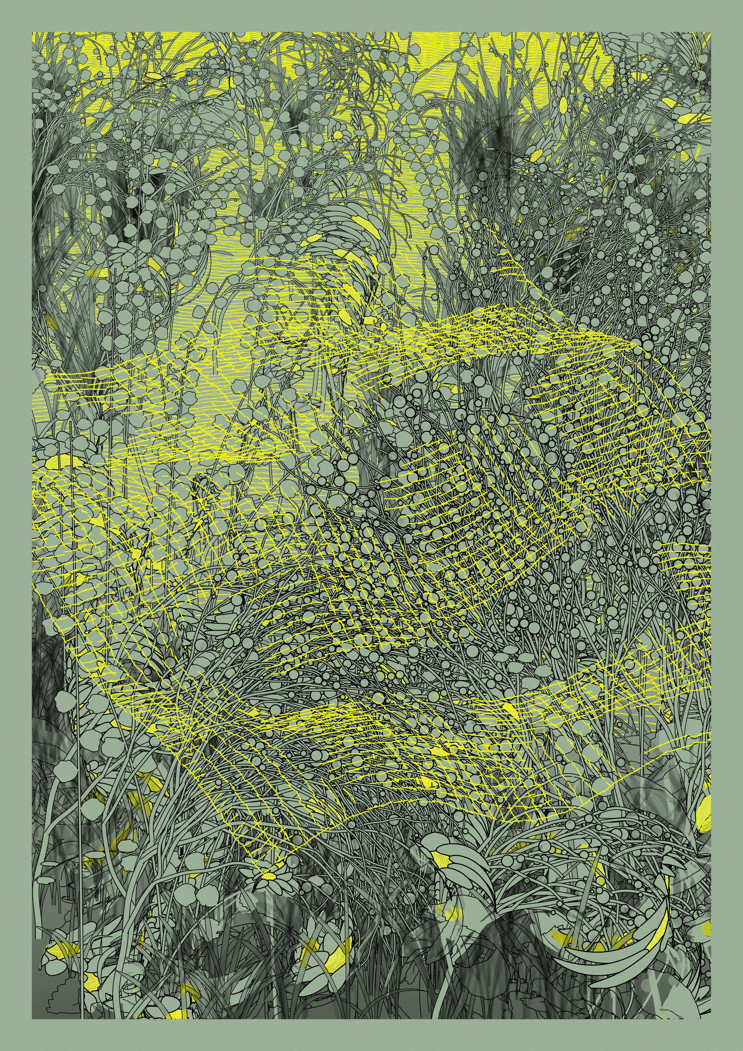 Fine branching green vegetation and intricate mesh-like plant structures fill the vertical composition of Rapture Captured.