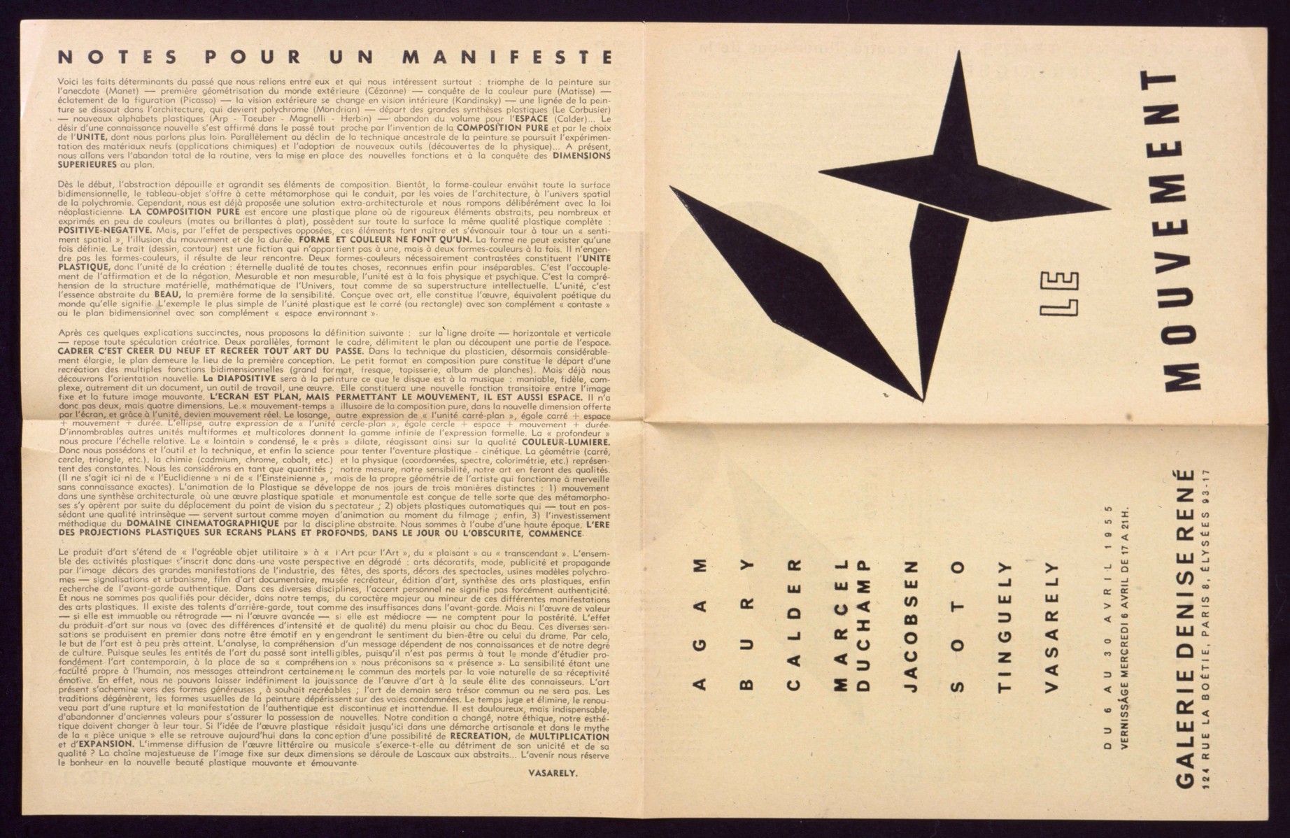 Yellow printed sheet with Vasarely’s manifesto on the left and the Le Mouvement exhibition cover on the right.