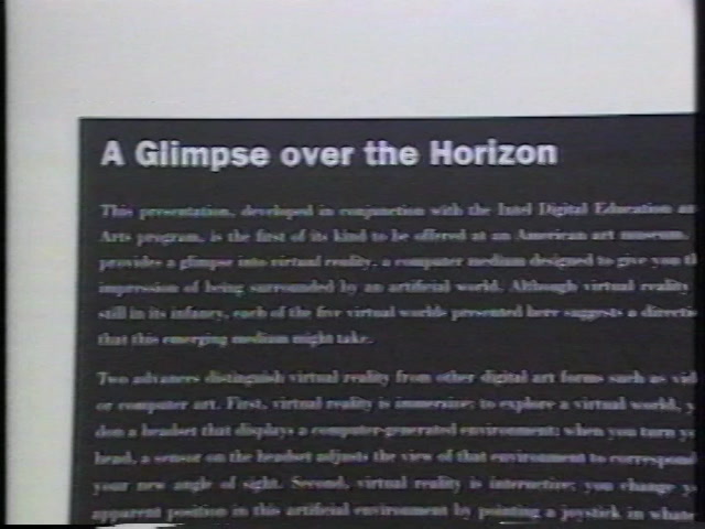 A frame from the 1993 documentation video of the Guggenheim exhibition, showing the show's introductory wall panel headed 'A Glimpse over the Horizon'.