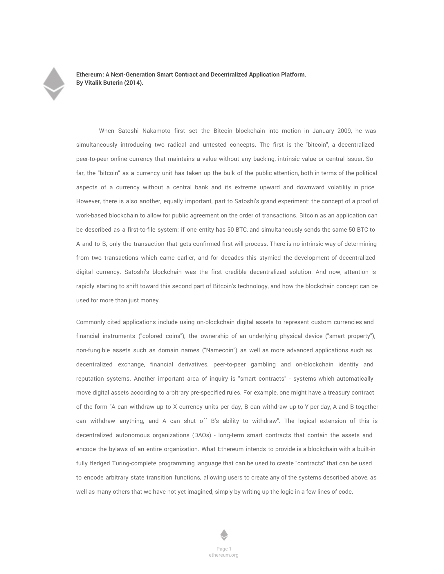 Opening page of Vitalik Buterin’s Ethereum whitepaper, with its title, 2014 author line and introductory text.