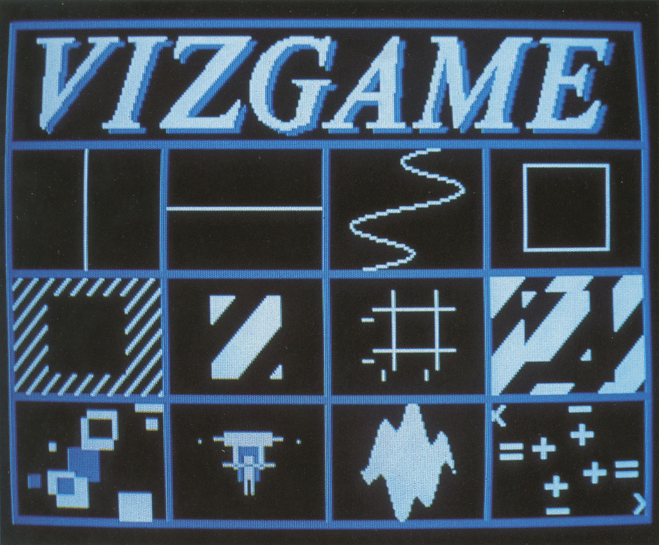 A screen image from Jane Veeder's Vizgame, showing the title and the grid of drawing and animation options the player worked through on the Datamax UV-1.