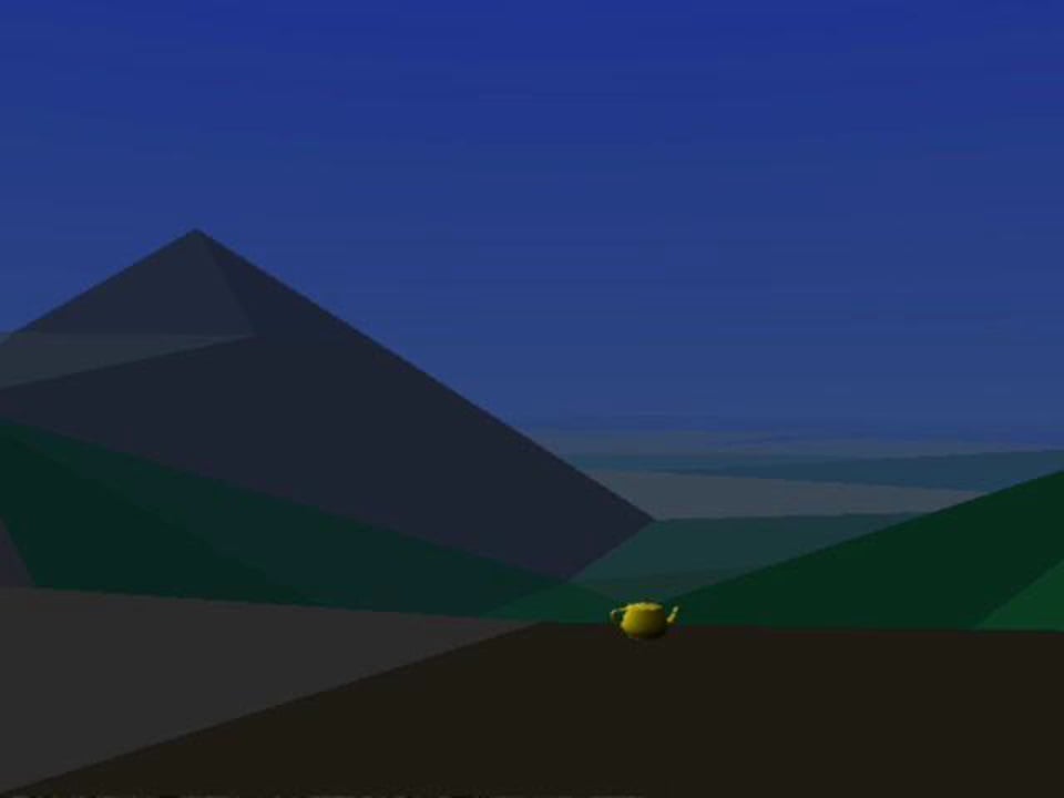 A computer-generated mountain landscape beneath a blue sky, with a small yellow teapot in the foreground.