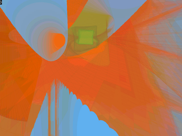 A screen capture of Mark Napier's networked artwork Waiting Room, showing the layered translucent forms produced by multiple simultaneous users.