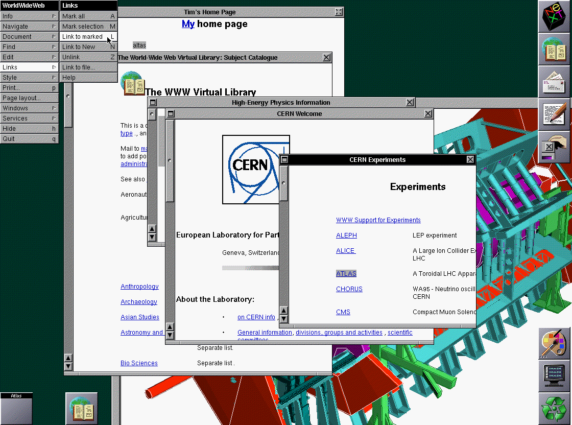 NeXT desktop with overlapping WorldWideWeb browser windows, CERN pages, the Links menu and a scientific diagram.