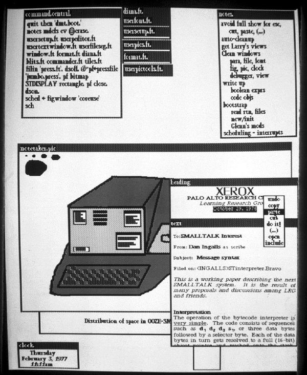 Black-and-white computer display with overlapping Smalltalk windows, menus, text and a drawing of a computer.