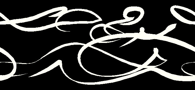 Output from Golan Levin's Yellowtail: white animated gesture-marks looping across a black field, the tapering strokes the software generates from a drawn gesture.