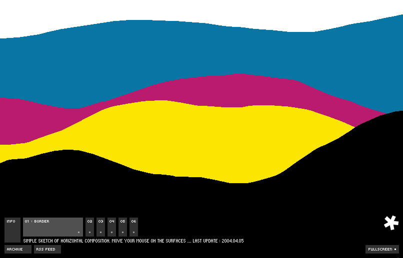 A screenshot of Yugo Nakamura's yugop.com showing the Flash piece '01 : BORDER - simple sketch of horizontal composition, move your mouse on the surfaces,' dated 5 April 2004 on the page itself.